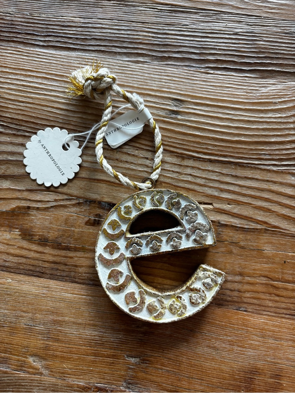 Anthropologie White and Gold Letter 'e' Hanging Ornament